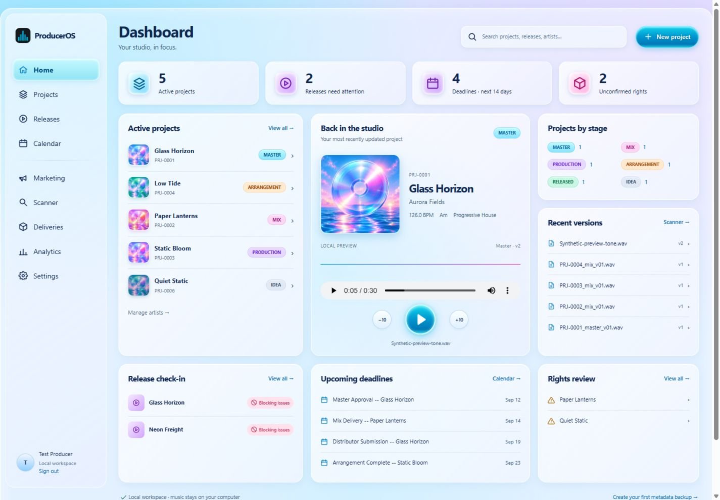 ProducerOS dashboard with project artwork, a local audio player, project stages, release reminders and deadlines