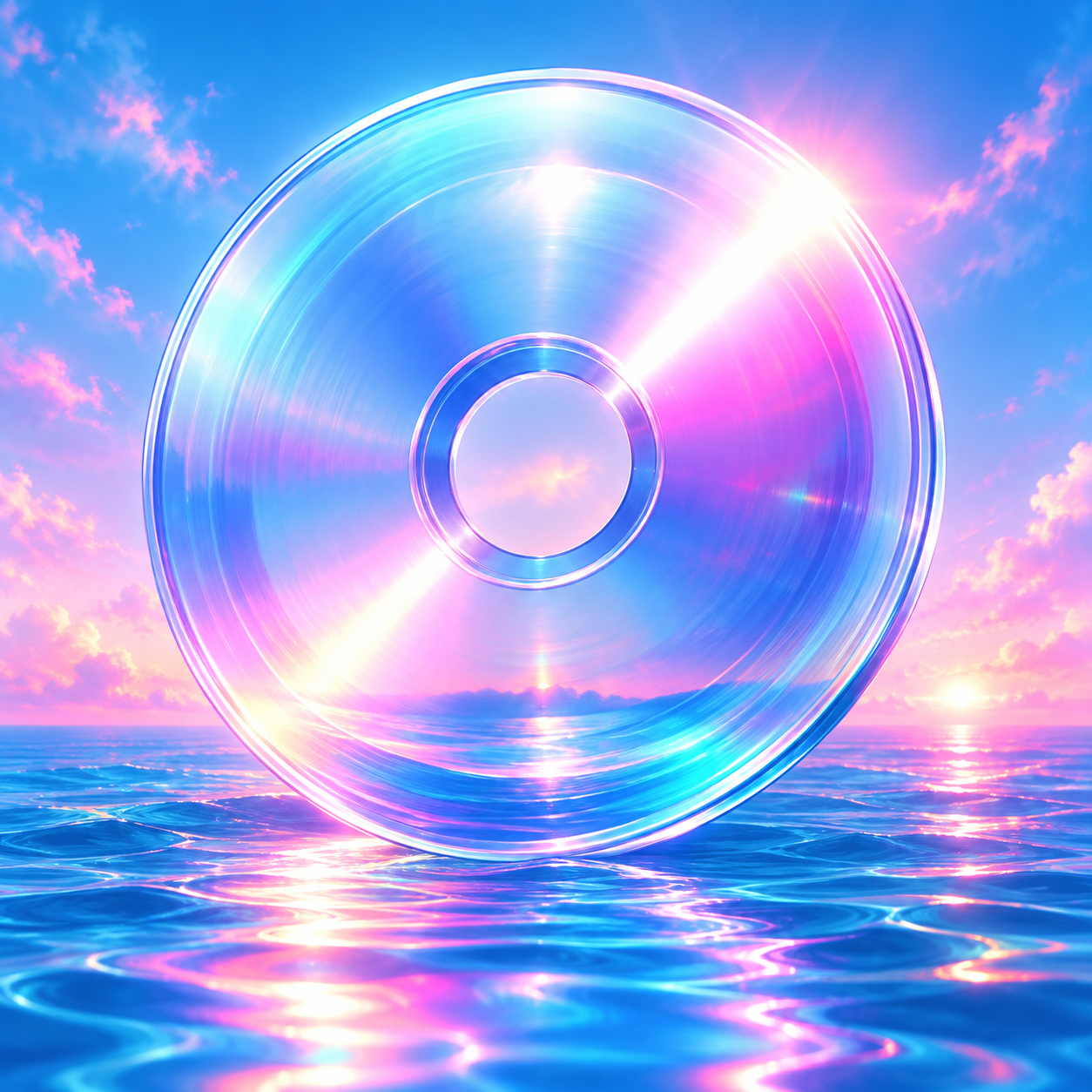 Decorative iridescent disc over a blue and pink ocean